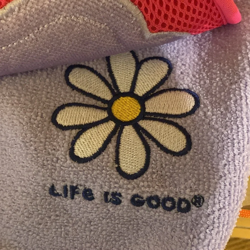 Life Is Good Purple Towel and Pink Grooming Mitt Set